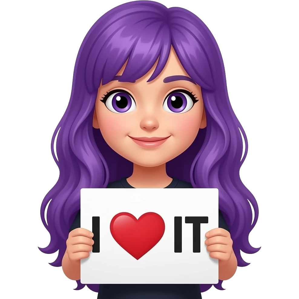 girl with long purple hair holding a I LOVE IT sign emoji