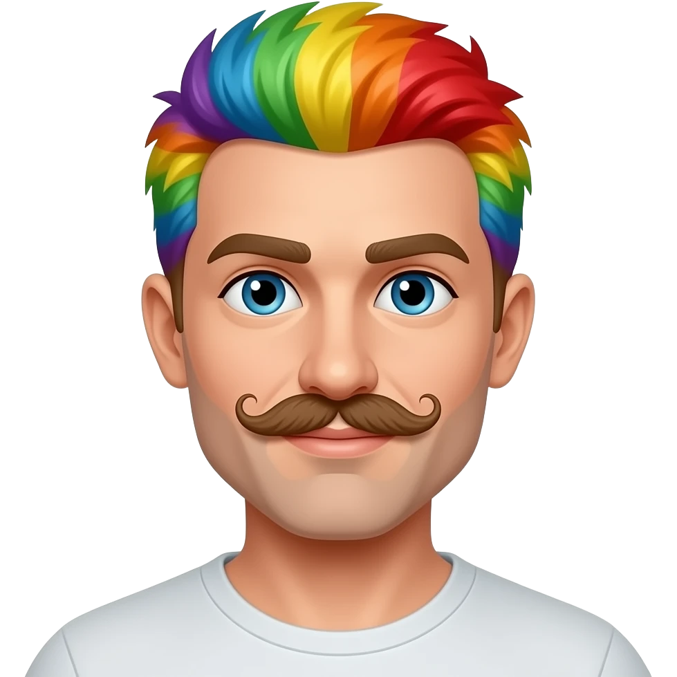 white man with rainbow colored hair and curled mustache emoji