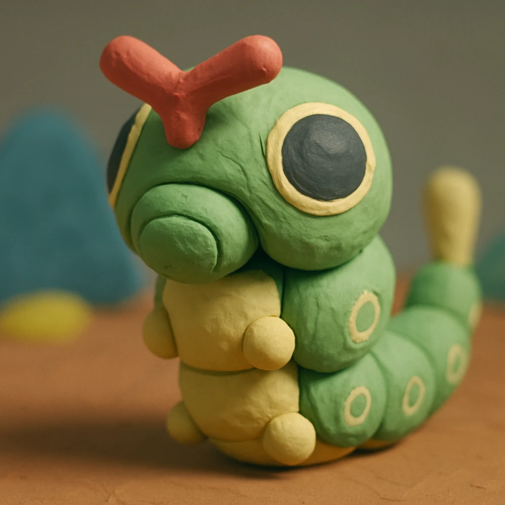 Caterpie as a clay sculpture, claymation style emoji