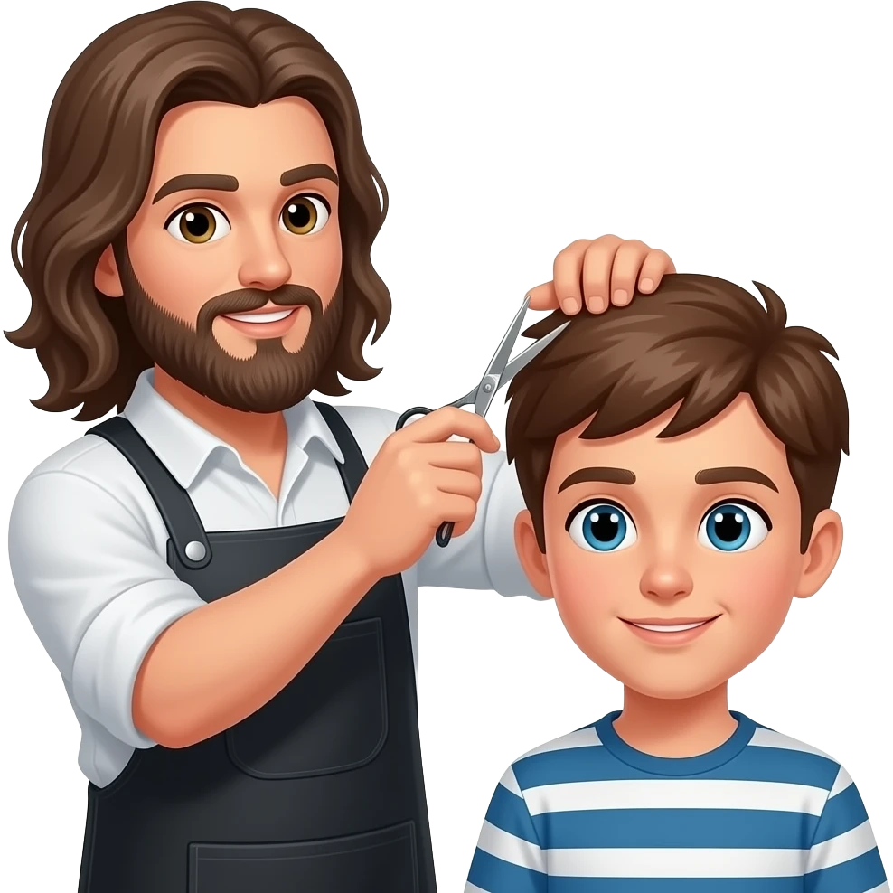 A barber with long hair and a beard is cutting the hair of a brown-haired teenager while they talk. emoji