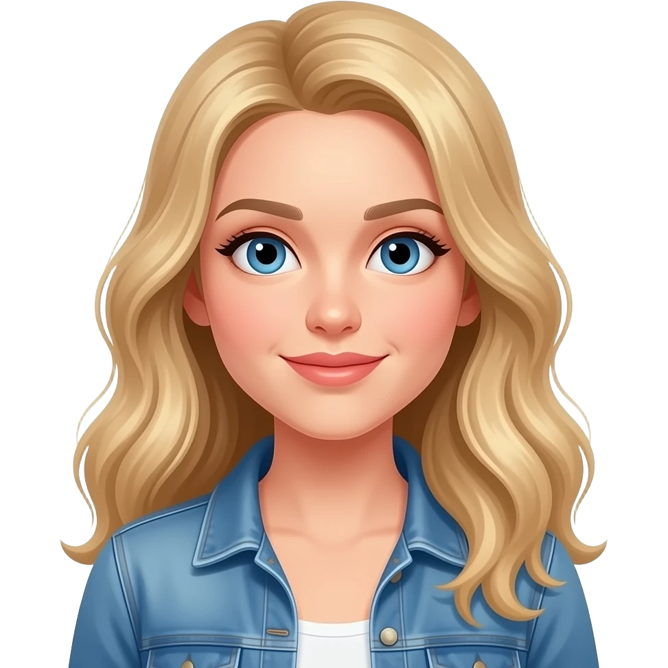 woman, blue eyes, late twenties, blonde hair, long wavy hair, casual outfit emoji