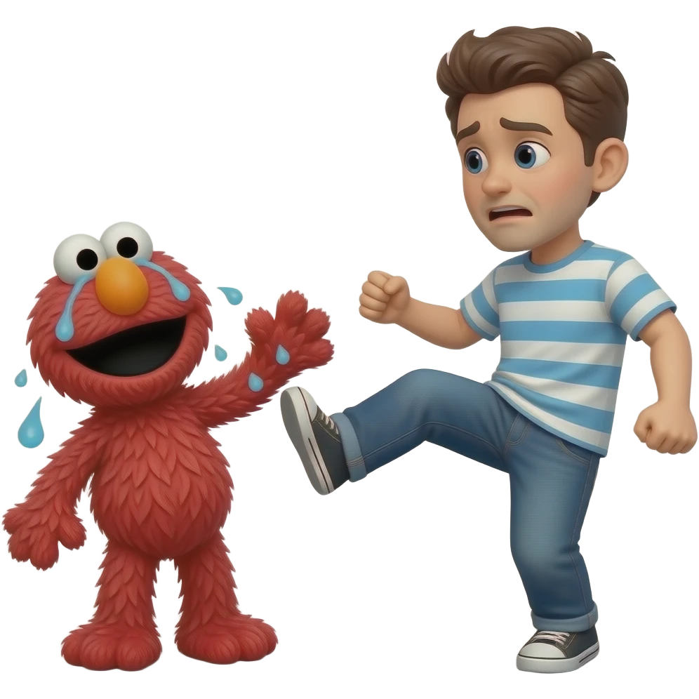 Bad elmo, bad! Person kicking elmo while elmo is crying emoji