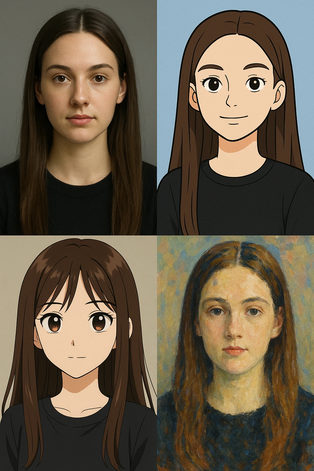portrait of a girl with long straight brown hair, different styles emoji