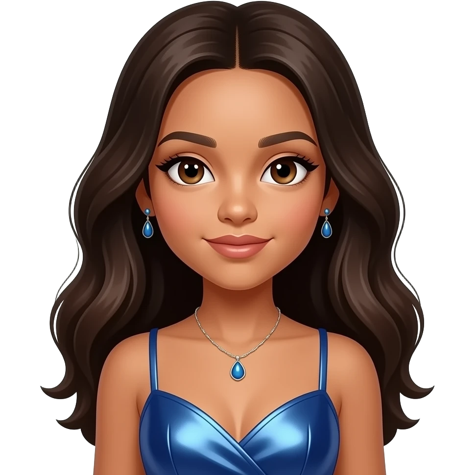 Blue Ivy Carter with brown eyes, long dark brown hair, blue metallic dress, necklace and earrings emoji