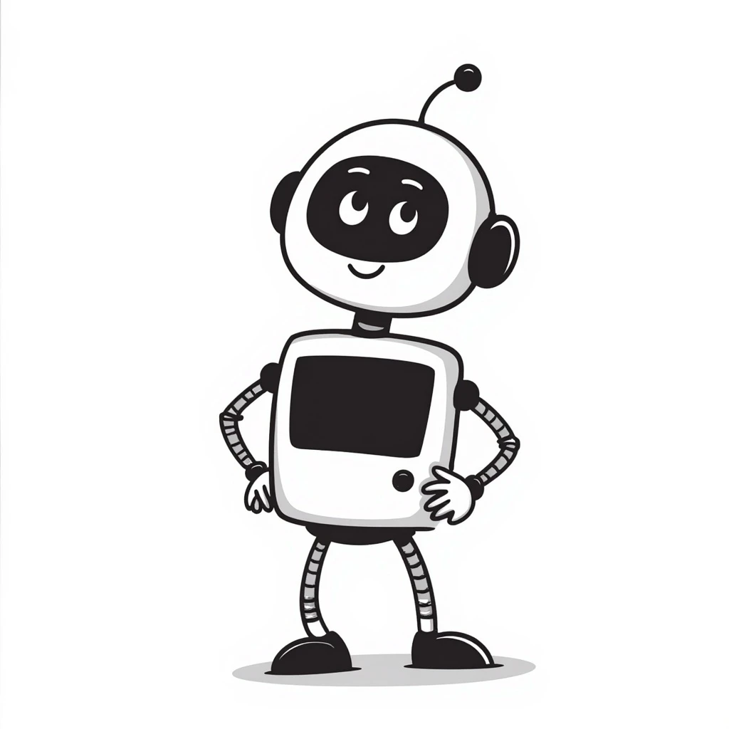 A cute, cartoonish, and friendly robot with a round head, big expressive eyes, and a small body, giving off a welcoming and helpful vibe emoji