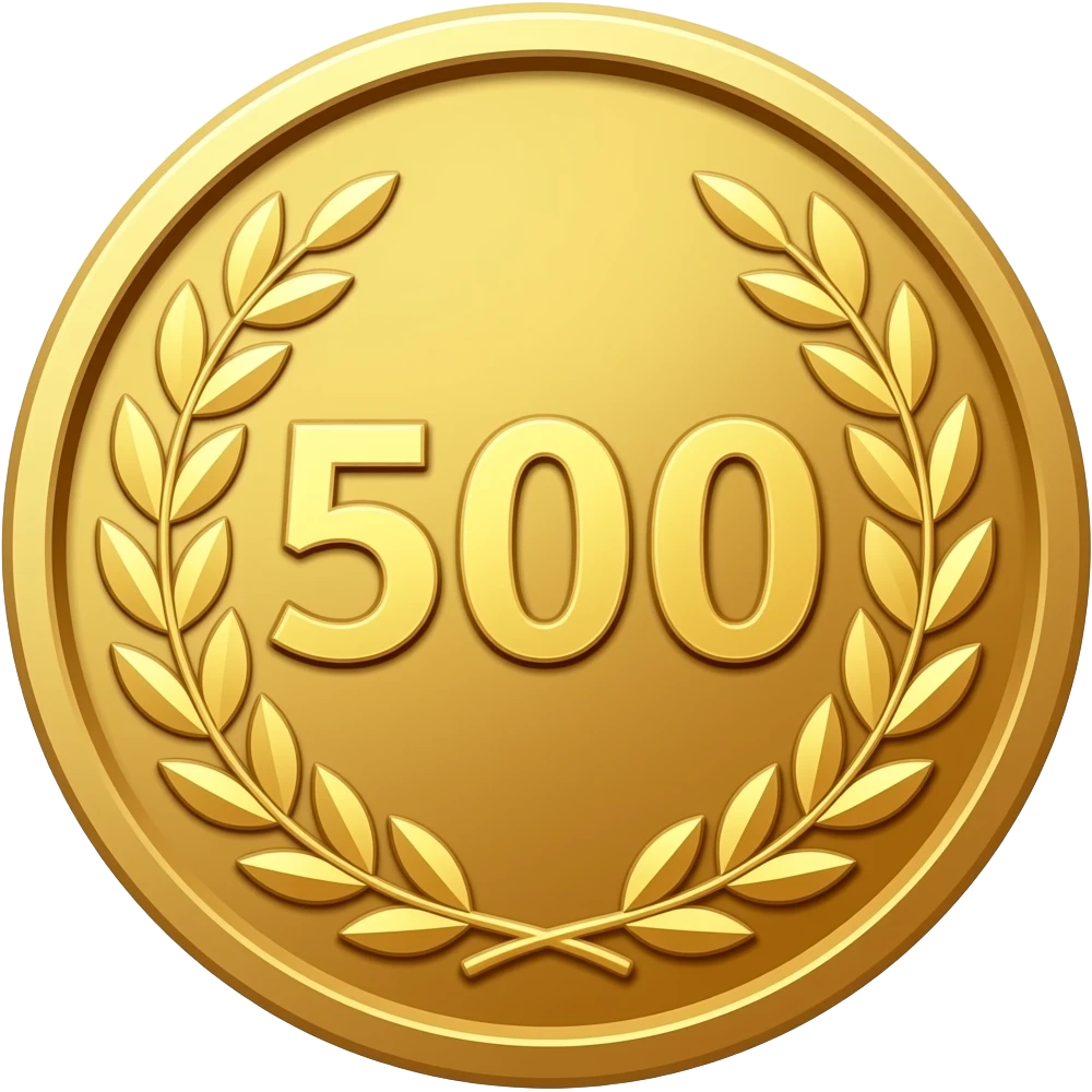 gold coin with large "500" value in center and laurel emoji