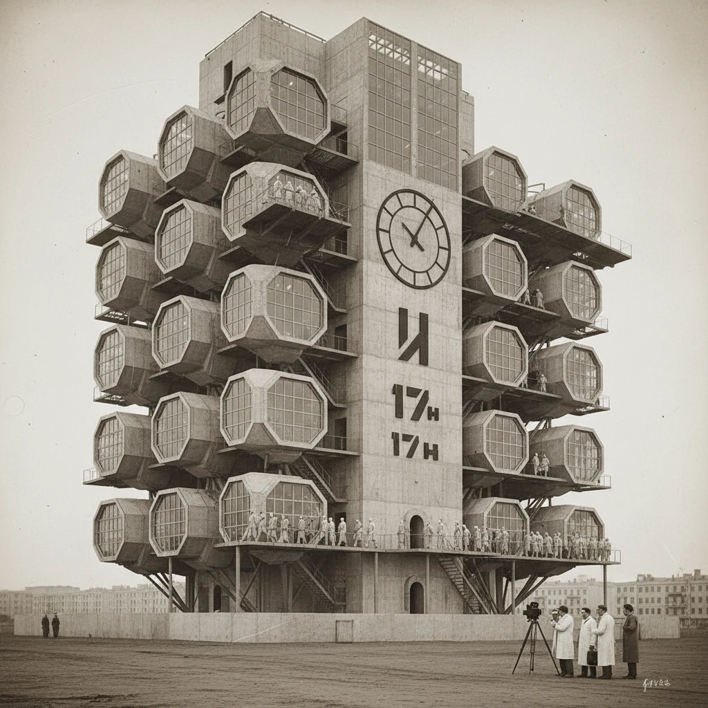 Капсульный дом-коммуна конструктивизм 1920-е годы из произведения "Мы" Замятина 

Архивное фото 

 emoji