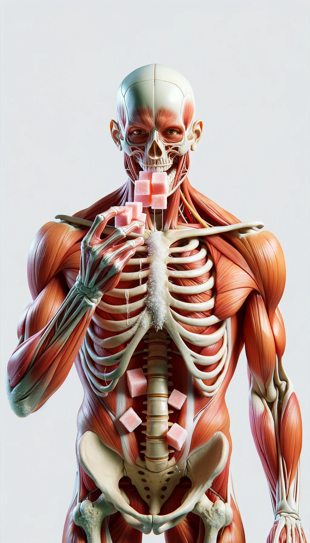 corpo umano anatomico in piedi a figura intera che mangia zollette di zucchero, posa frontale, iperrealistico 4k, isolato su sfondo bianco emoji