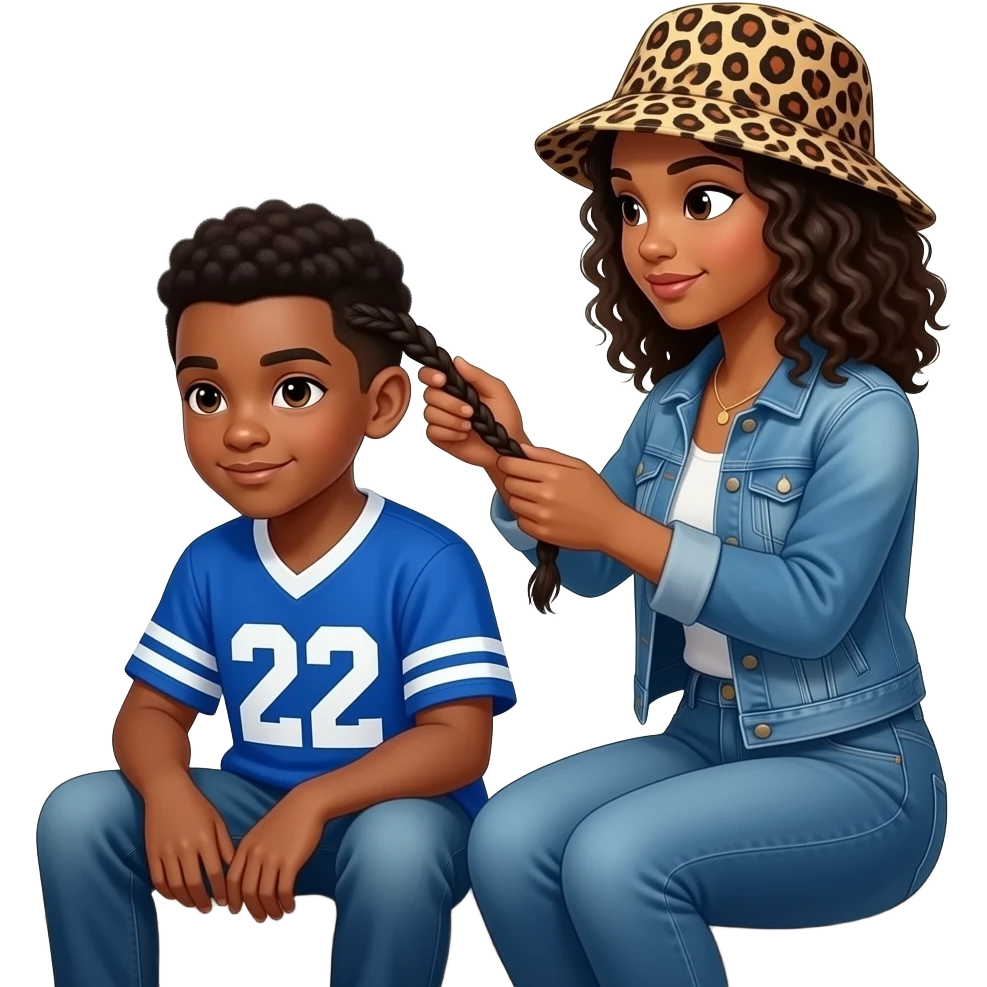 African American teenage boy sitting on porch steps wearing blue and white jersey shirt with 22 on it getting cornrow braided in her by an African American dark skin woman with shoulder length curly hair wearing a leopard print bucket hat wearing denim jeans and a denim jacket emoji