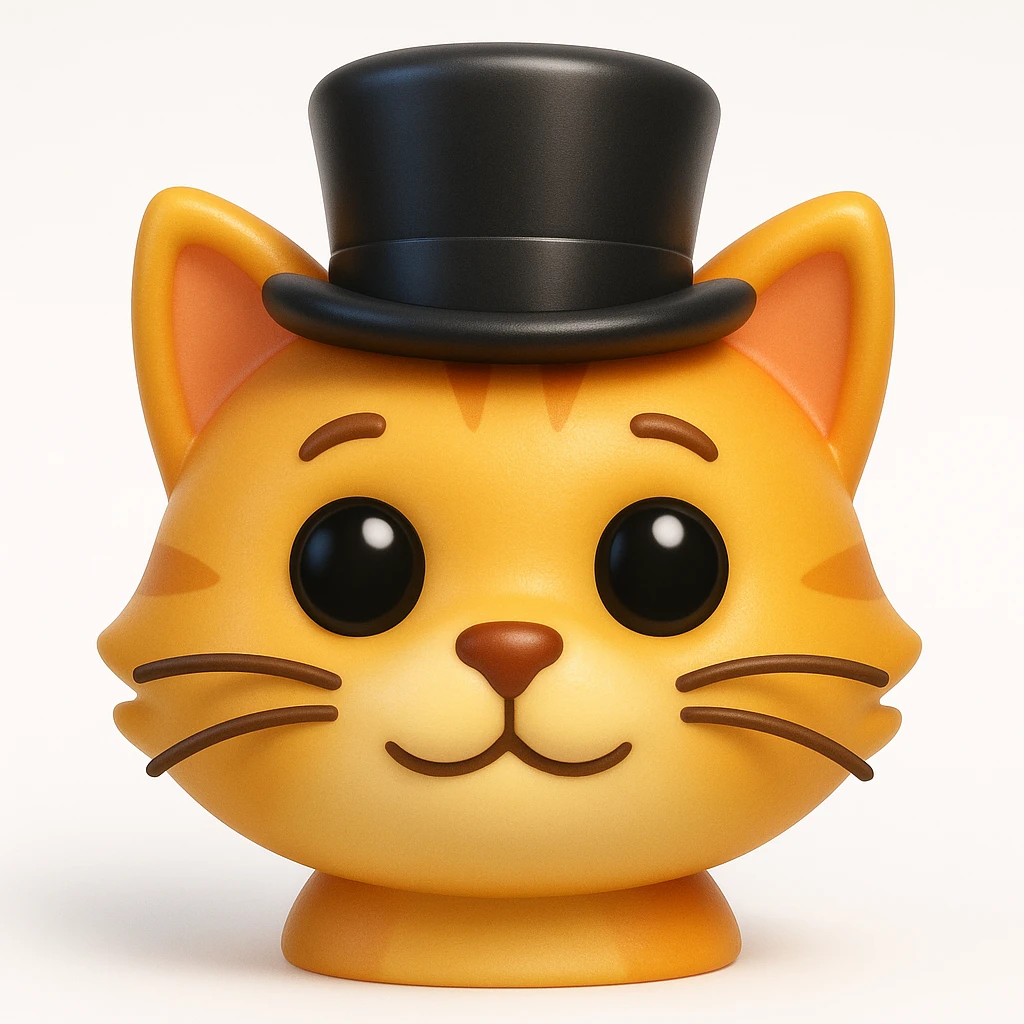 3D rendered emoji-style illustration, glossy plastic-like materials, soft ambient occlusion, rounded forms, high-detail textures, clean white background, Apple emoji aesthetic, subsurface scattering on skin, vibrant saturated colors, cute proportions with large expressive eyes, studio lighting with soft shadows, cat wearing a tophat emoji