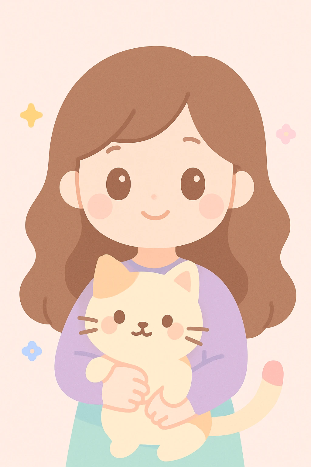 a girl with long wavy brown hair and brown eyes holding a cat, friendly and appealing style emoji