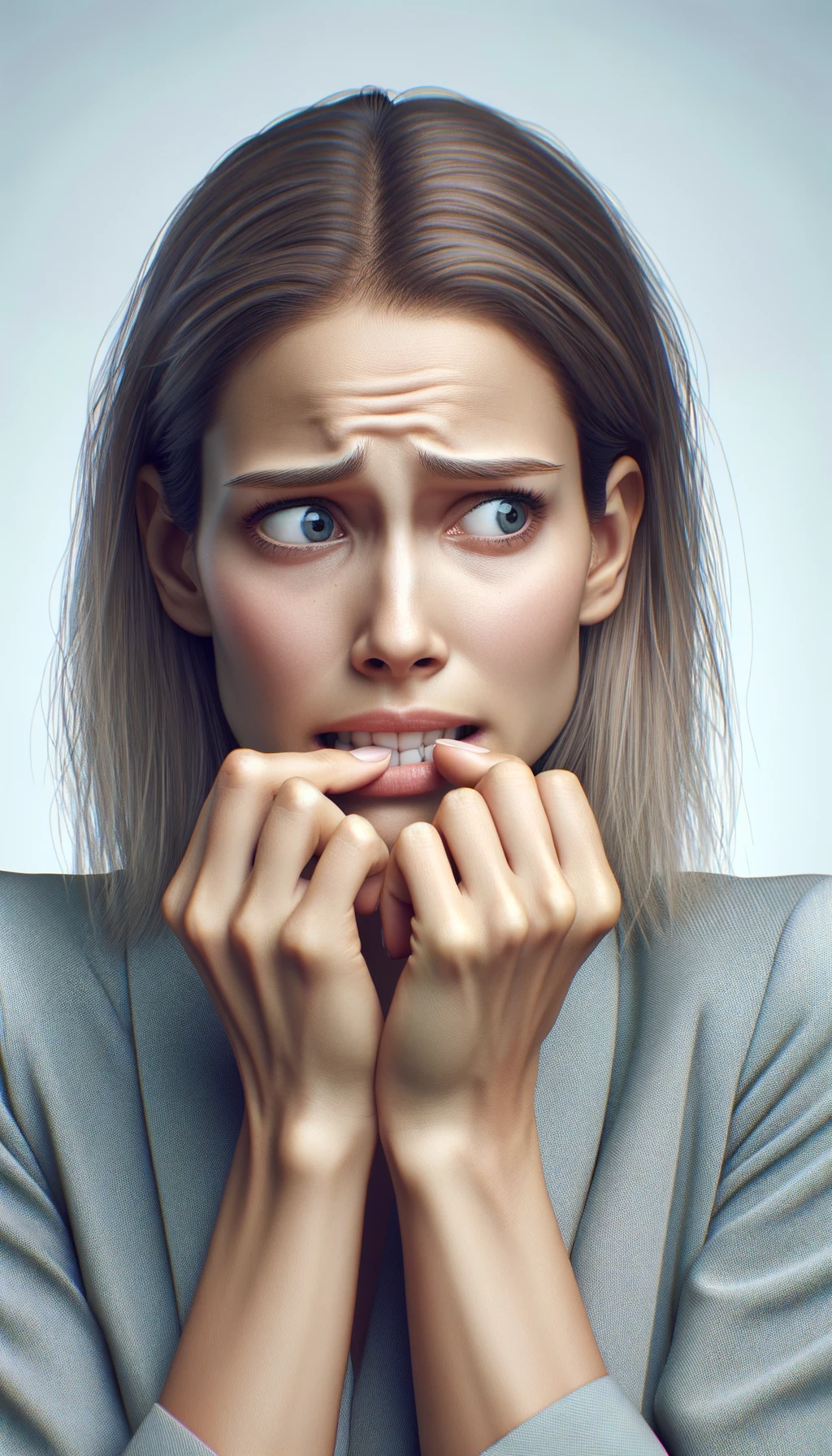 DONNA  che si mangia le unghie per il nervosismo, sfondo chiaro, iperrealistica 4k emoji