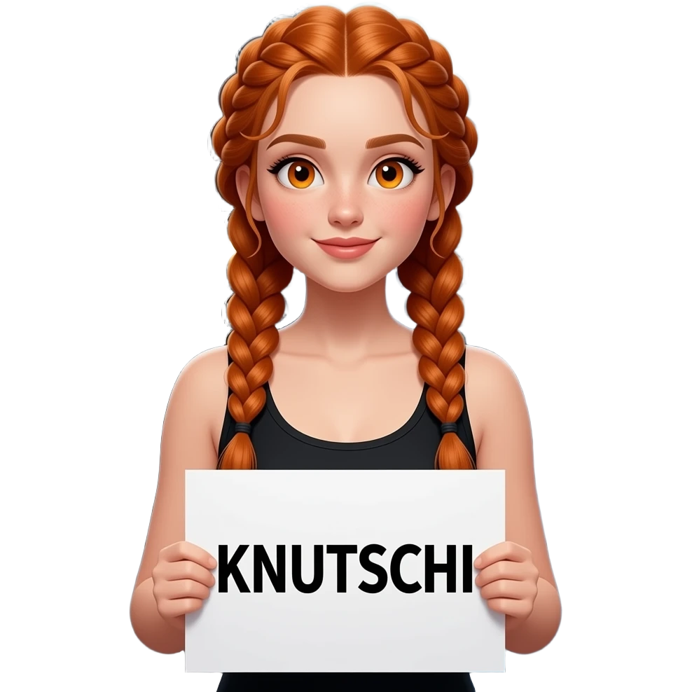 sexy girl with long ginger braids and ginger eyes wearing a black tanktop is holding a white sign with KNUTSCHI written on it emoji
