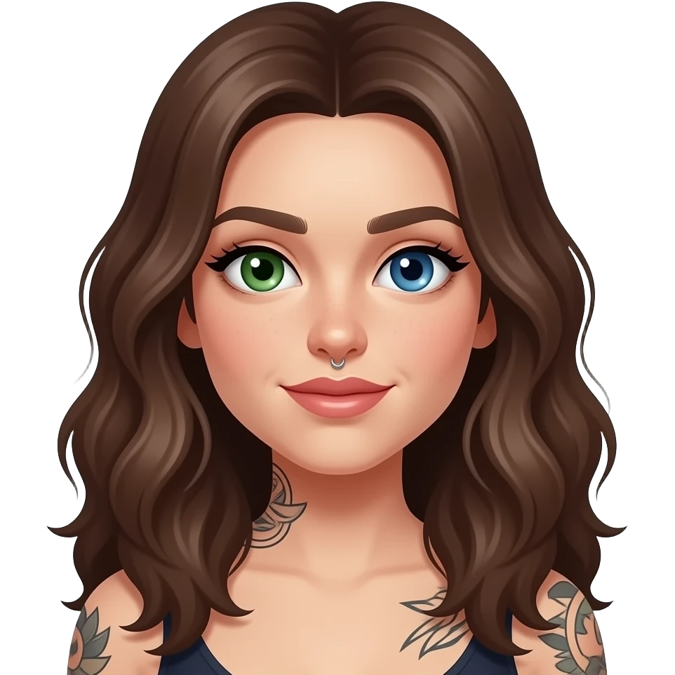 white long wavy haired brunette woman with one green eye one blue eye tattoos a philtrum piercing and a thin streak of grey hair emoji
