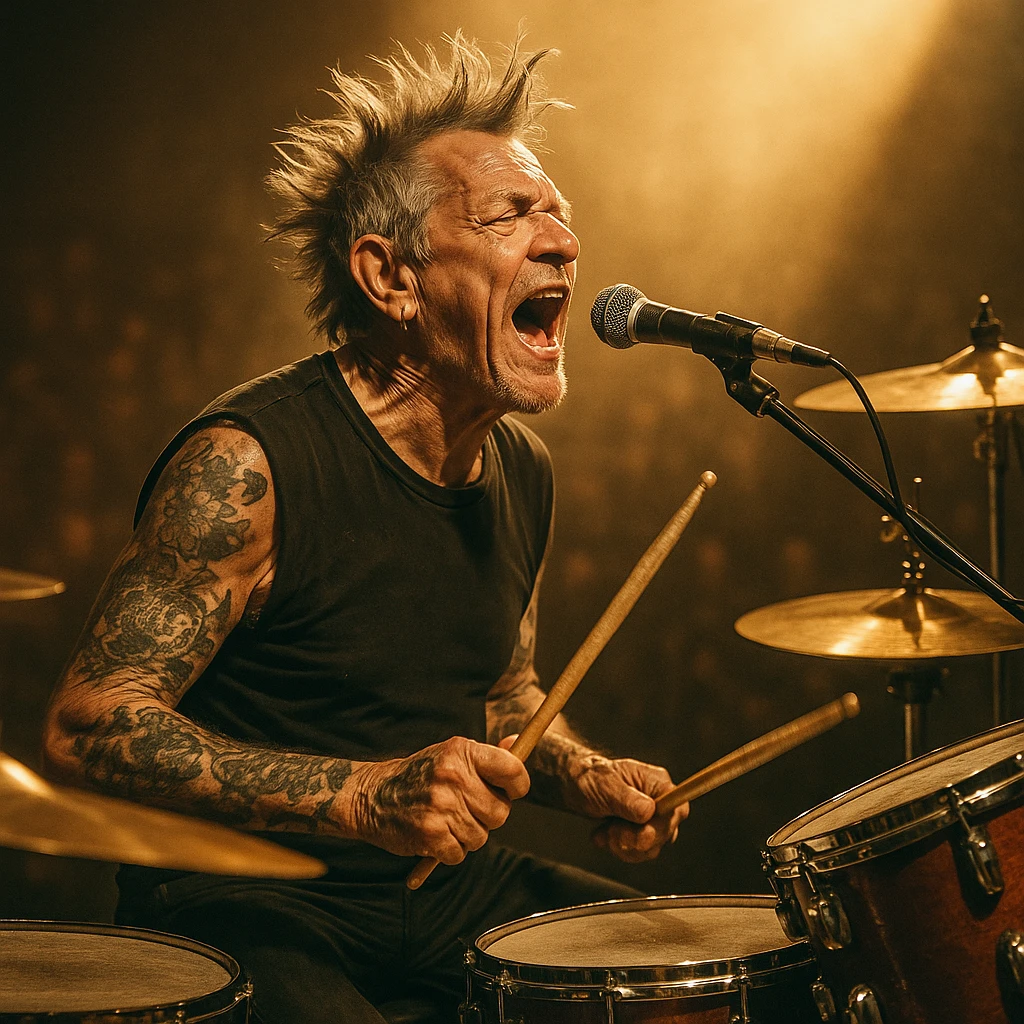 vintage rock drummer aged, singing passionately, spiked hair, tattoos, drum set, spotlight, retro concert vibe emoji