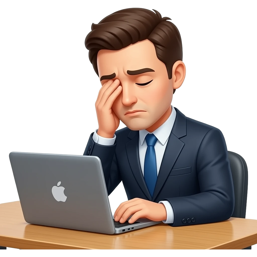 hombre con traje,muy exausto,sentado,reposandose en su escritorio,con laptop,primer plano cerca emoji