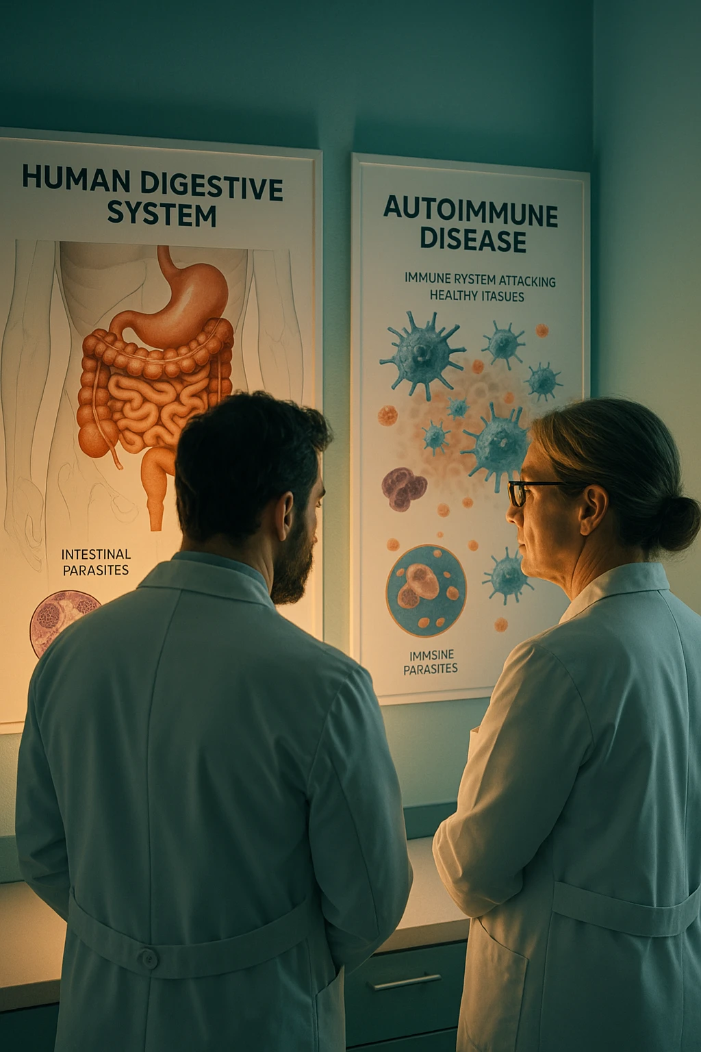 In italiano Realistic, detailed photo taken from behind of two doctors—a bearded man and a middle-aged woman—standing side by side in a modern medical office, intently studying a large, illuminated medical chart on the wall. The chart displays a detailed diagram of the human digestive system, highlighting the intestines and showing microscopic images of intestinal parasites. Next to it, another chart illustrates the immune system attacking healthy tissues, visually connecting gut parasites to autoimmune disease mechanisms. The room is bathed in a single green-blue color, with a warm, yellow-orange light casting soft shadows around the doctors. Both wear white coats and have serious, focused expressions, suggesting a deep discussion about the root causes of autoimmune conditions. Shot with a Canon EOS R5, with high detail, natural depth of field, and a clinical yet dramatic atmosphere. emoji