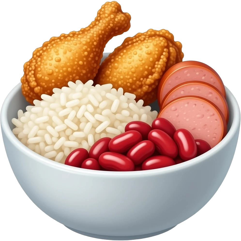 iOS style Bowl of Fried chicken wings, a scoop of white rice, and red beans with sliced sausages emoji