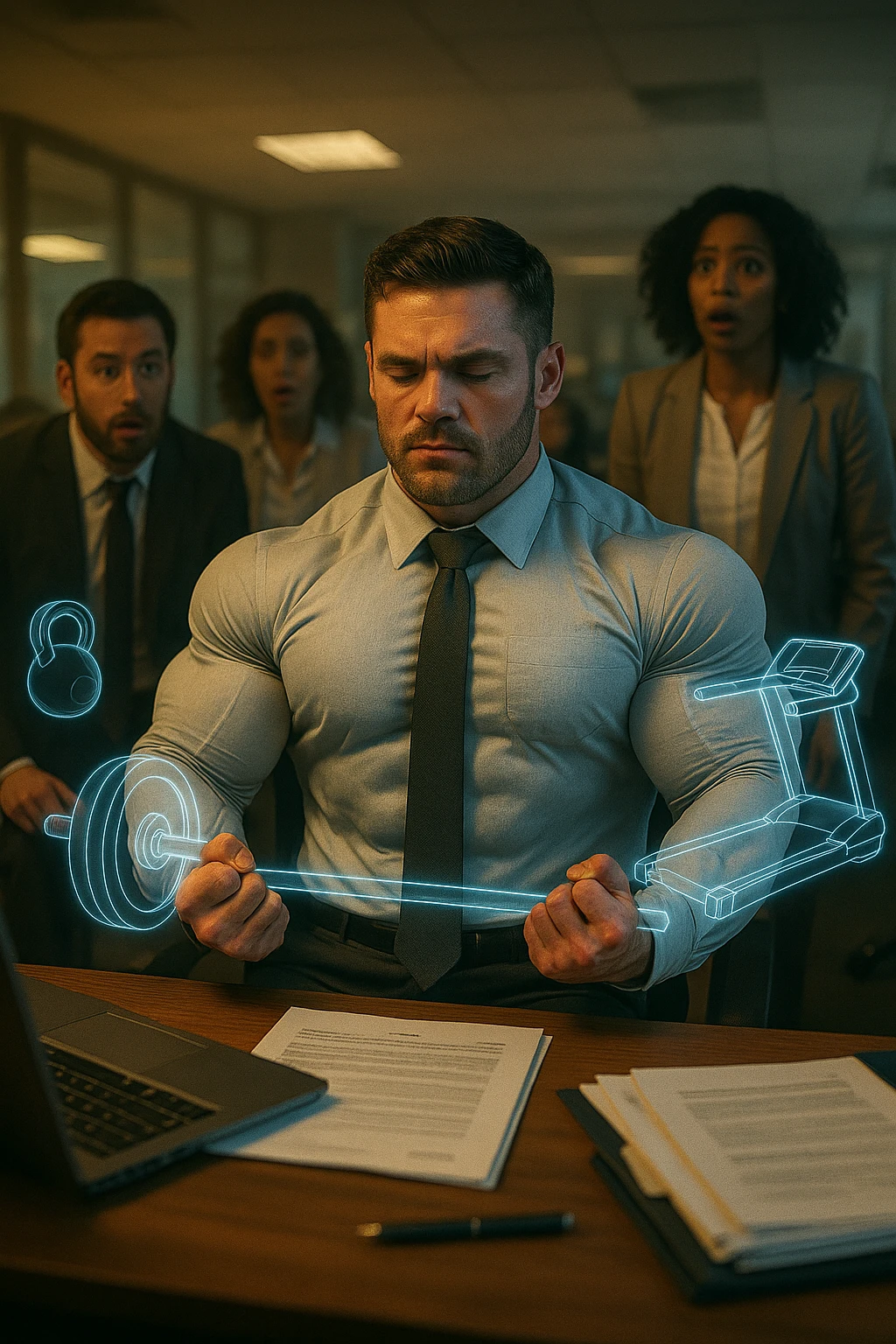 Realistic cinematic scene of an office worker in a business suit sitting at his desk, mentally rehearsing weightlifting routines. His body is transforming from skinny to muscular, shirt tightening around growing muscles. Colleagues around him look amazed. Imaginary gym equipment appears as holograms floating around him. The transformation happens through visualization alone, no actual weights. Expression of deep mental focus on his face. Cinematic lighting, 2:3 aspect ratio. emoji