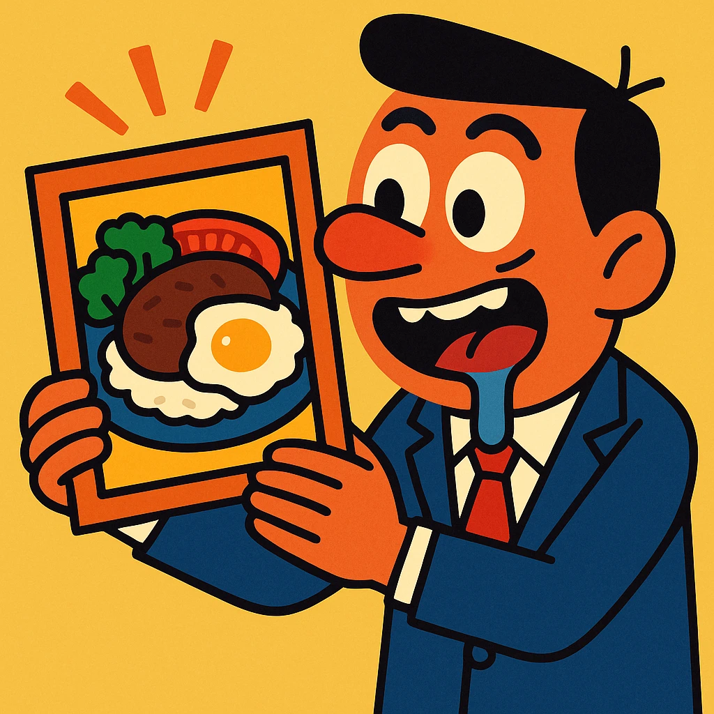 A salaryman drooling over a picture of food, vibrant toon style emoji