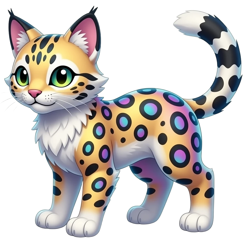 Colorful Iridescent Albino Melanistic Bobcat-Caracal-Leopard-Genet-Pokémon-Digimon-Fakémon-fusion-hybrid-creature emoji