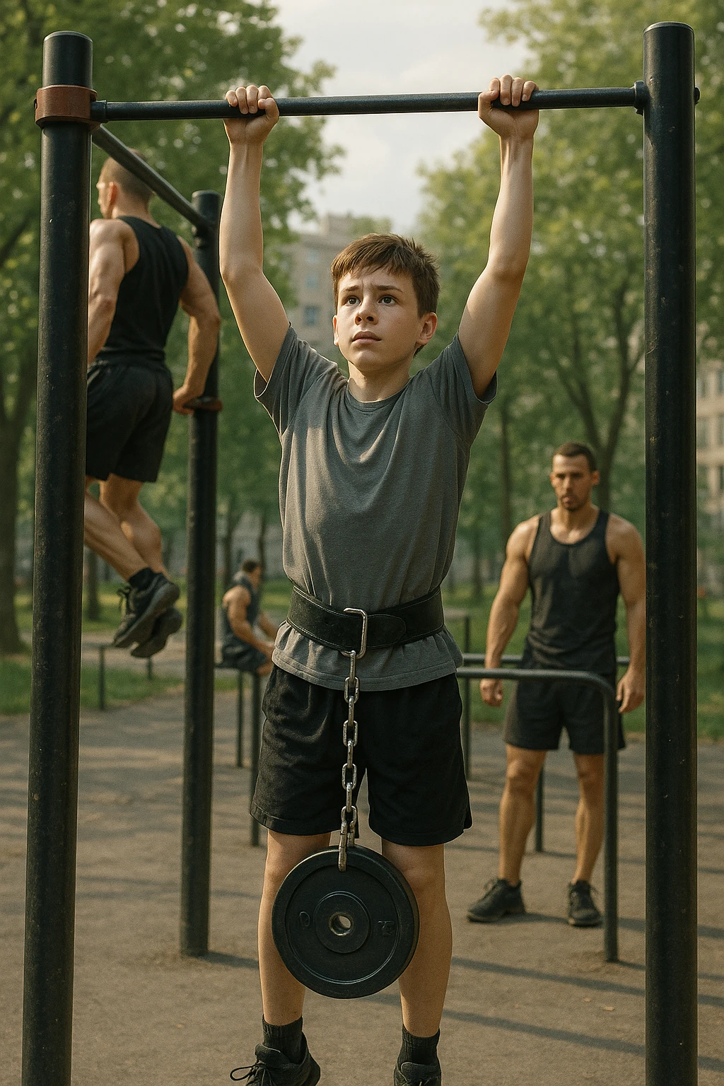 Giovane atleta neofita, fisico normale e non ancora sviluppato, si allena per la prima volta in uno spazio urbano per streetlifting: sbarra per trazioni, parallele, e pesi appesi alla cintura. L’ambiente è un parco cittadino o un’area outdoor sportiva, con luce naturale. L’atleta guarda la sbarra con determinazione e un po’ di insicurezza, ma con forte motivazione. Intorno, altri atleti più esperti. Stile realistico, atmosfera motivazionale, toni energici ma credibili, senso di inizio di un percorso emoji