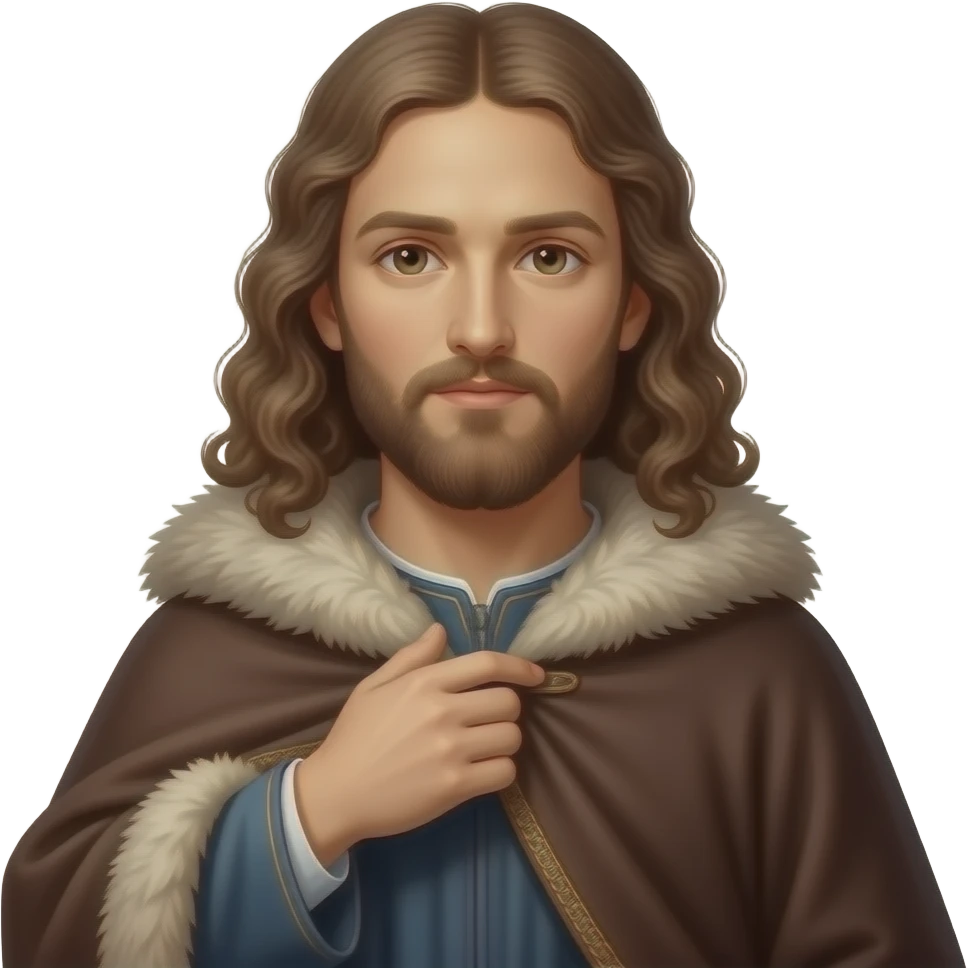 cinematic realistic - en face penetrating balanced Albrecht Dürer Renaissance self-portrait with long curly hair in a cloak with a fur collar, in Renaissance dress, holding the fur collar with his left hand - an icon of Christ Himself emoji