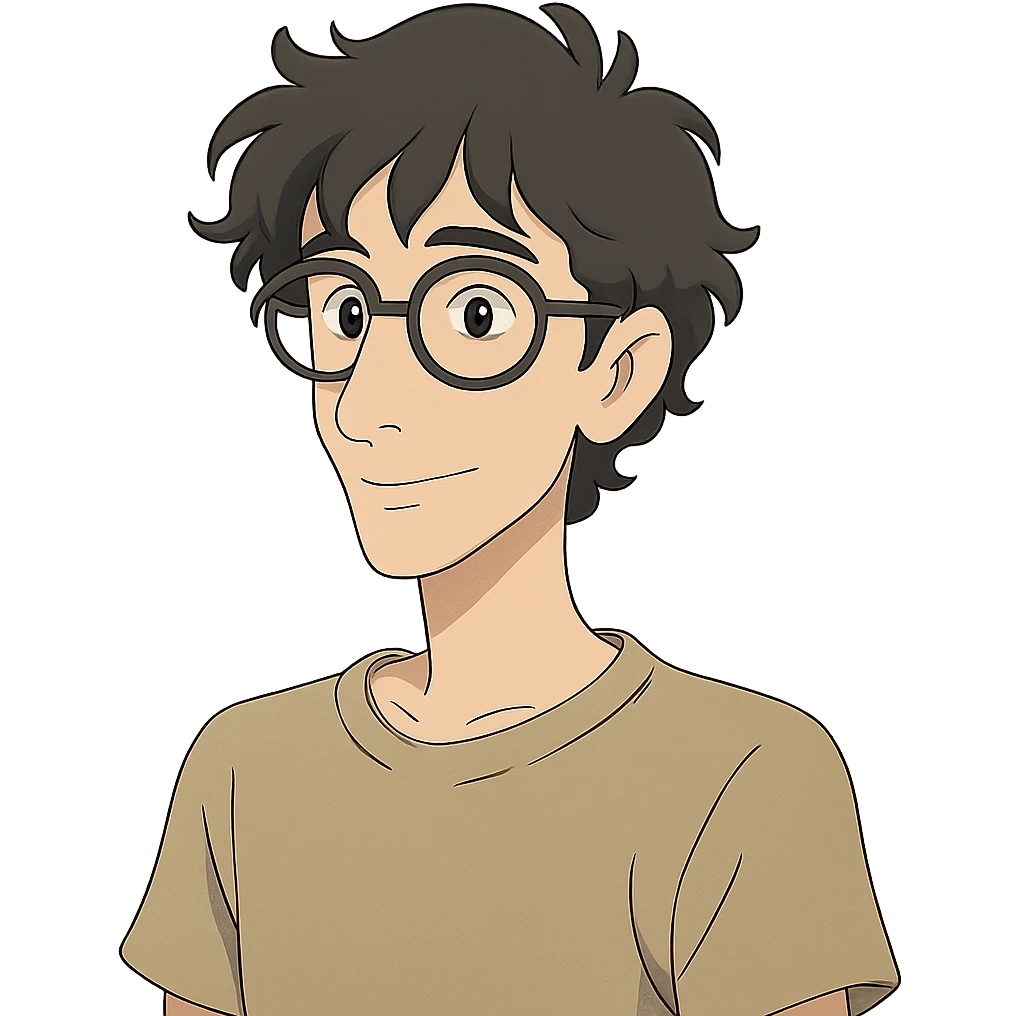 ghibli style skinny white boy with wavy black hair, big nose, black glasses emoji
