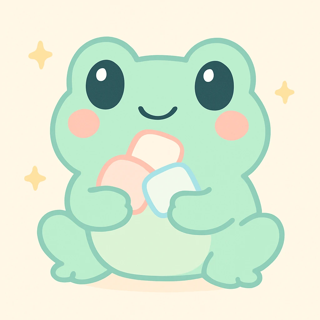 a cartoon frog happily eating marshmallows, colorful, fun, lighthearted emoji