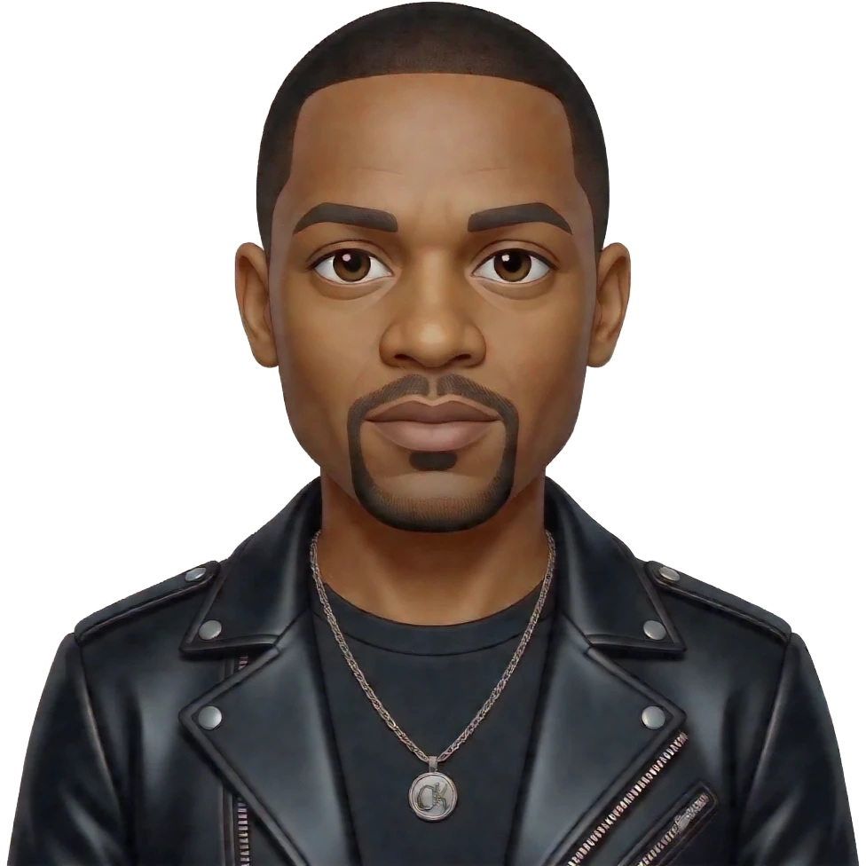 Dr Dre with dark brown eyes, black buzz cut hair, black metallic shirt, black metallic jacket, necklace emoji