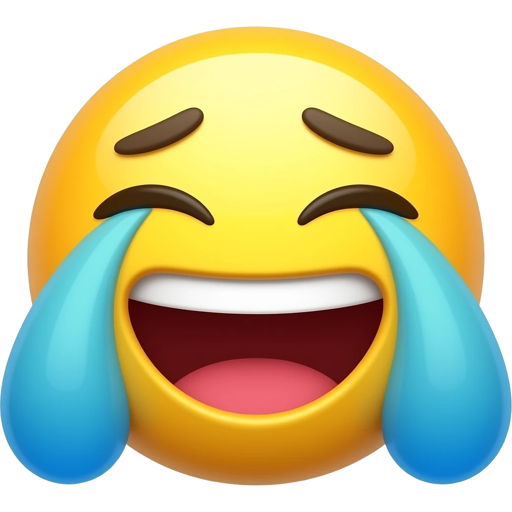A funny 3D emoji sticker with an exaggerated crying-laughing face, huge tears, wide smile, viral meme reaction style, glossy yellow emoji, clean transparent background, soft shadow, high quality, no text, no watermark emoji