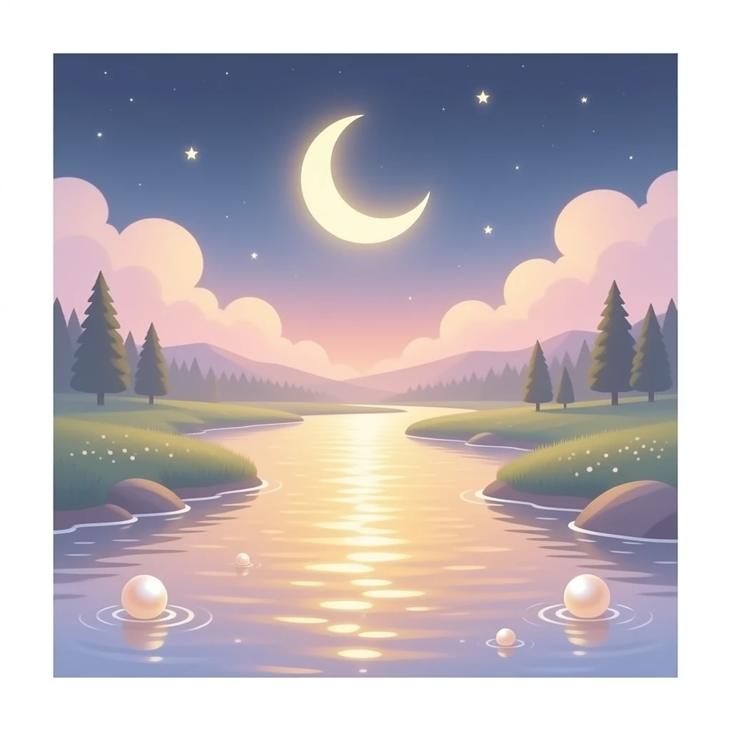 A dreamy emoji of a moonlit river with soft gold and pearl shimmer rippling on the water surface, crescent moon above, ivory and blush pink tones, ethereal and glowing, beauty brand inspired emoji