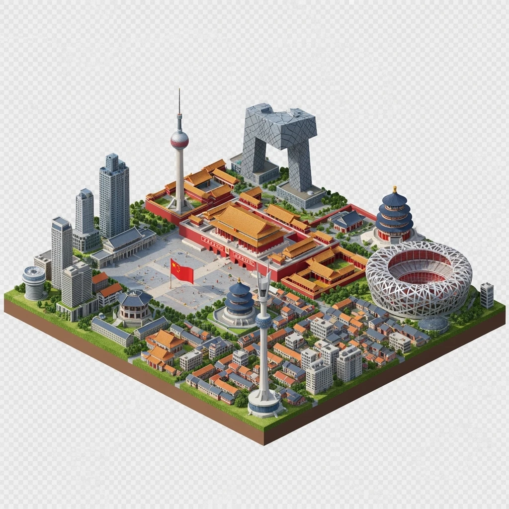 Isometric miniature of Beijing Forbidden City, Tiananmen Square, CCTV Headquarters, Temple of Heaven, China Zun tower, Bird’s Nest Stadium and crowded hutong alleys, apartment blocks, 3D miniature effect and Tilt Shift effect, no cartoonish look, transparent background, don't cut angles emoji