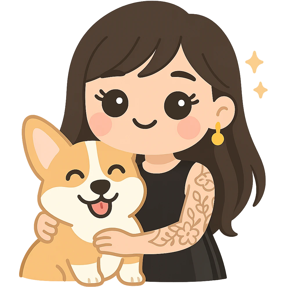 expressive emoji of an Asian girl wearing a black sleeveless leather dress with gold earrings, long hair with wispy deep side-parted bangs, false lashes, and a 3/4th sleeve tattoo on her left arm, hugging a happy tri-color Corgi, kawaii style emoji
