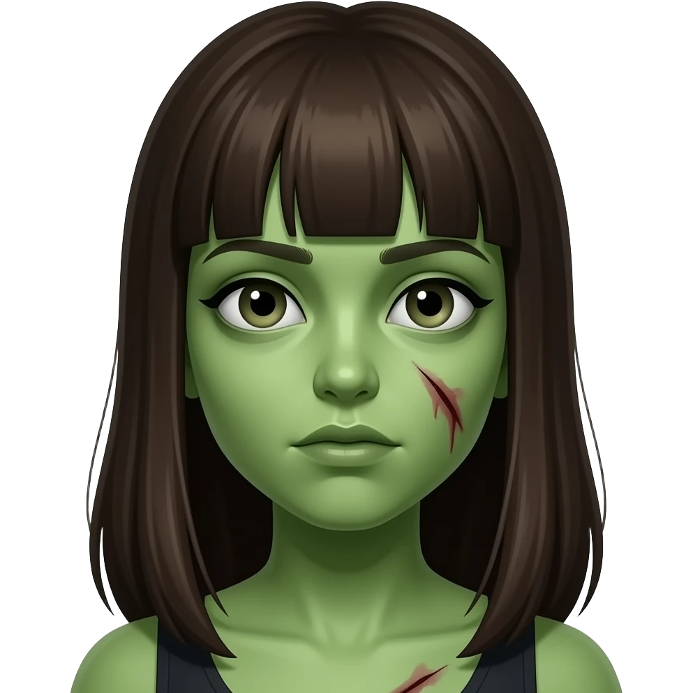 Emoji de garota zumbi, pele verde, cabelo longo com franja castanho escuro, ferimento na bochecha, estilo Memoji. emoji