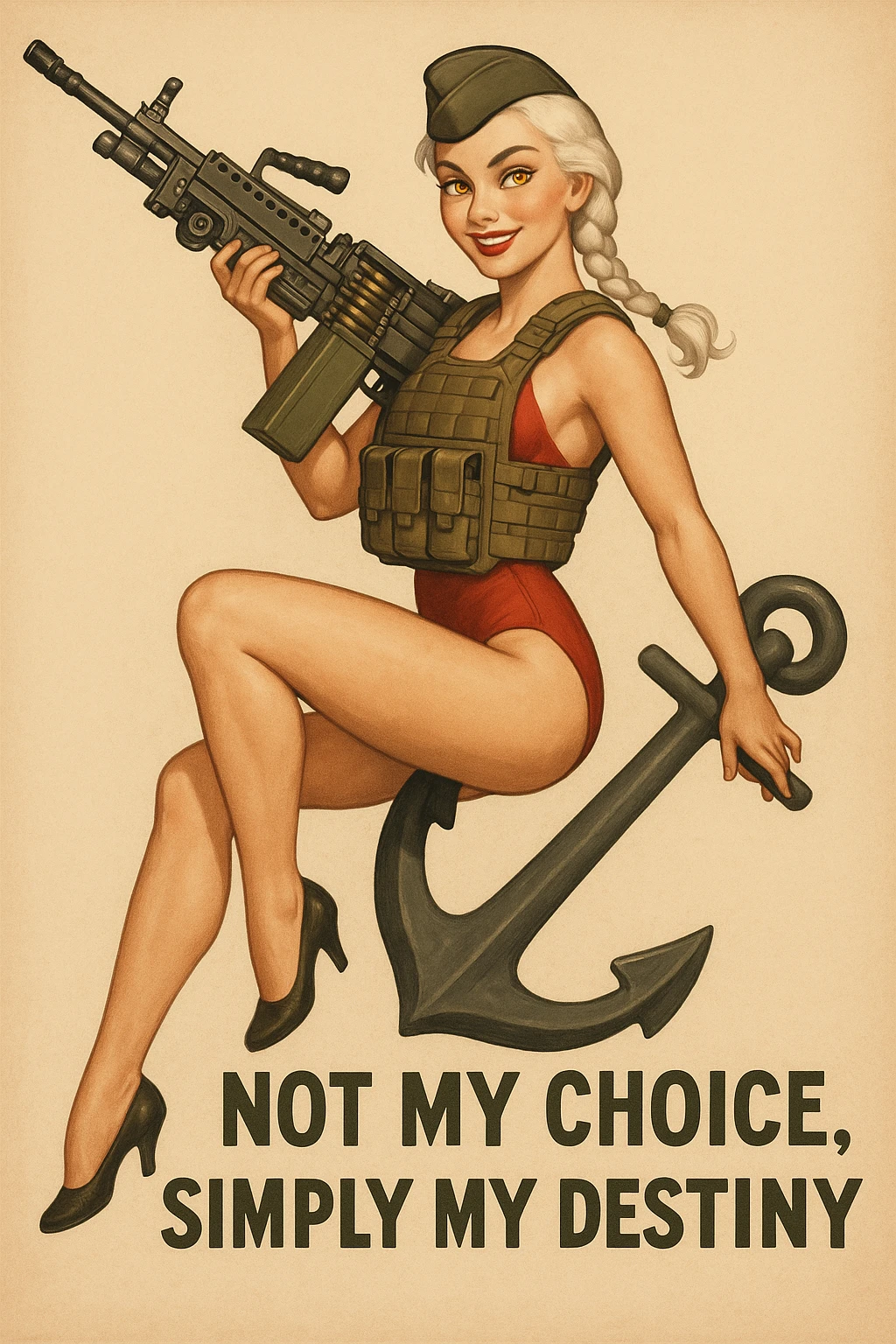a retro military pinup " not my choice, simply my destiny "
; female figure young,gorgeous, white hair 1 braid, gold yellow eyes, riding side-saddle on a massive anchor , with a massive LMG 249,  wearing a swimsuit with plate-carrier emoji