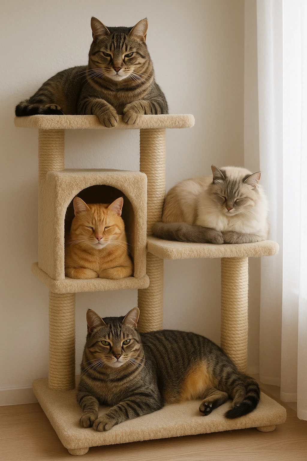 cats relaxing in a vertical playhouse emoji