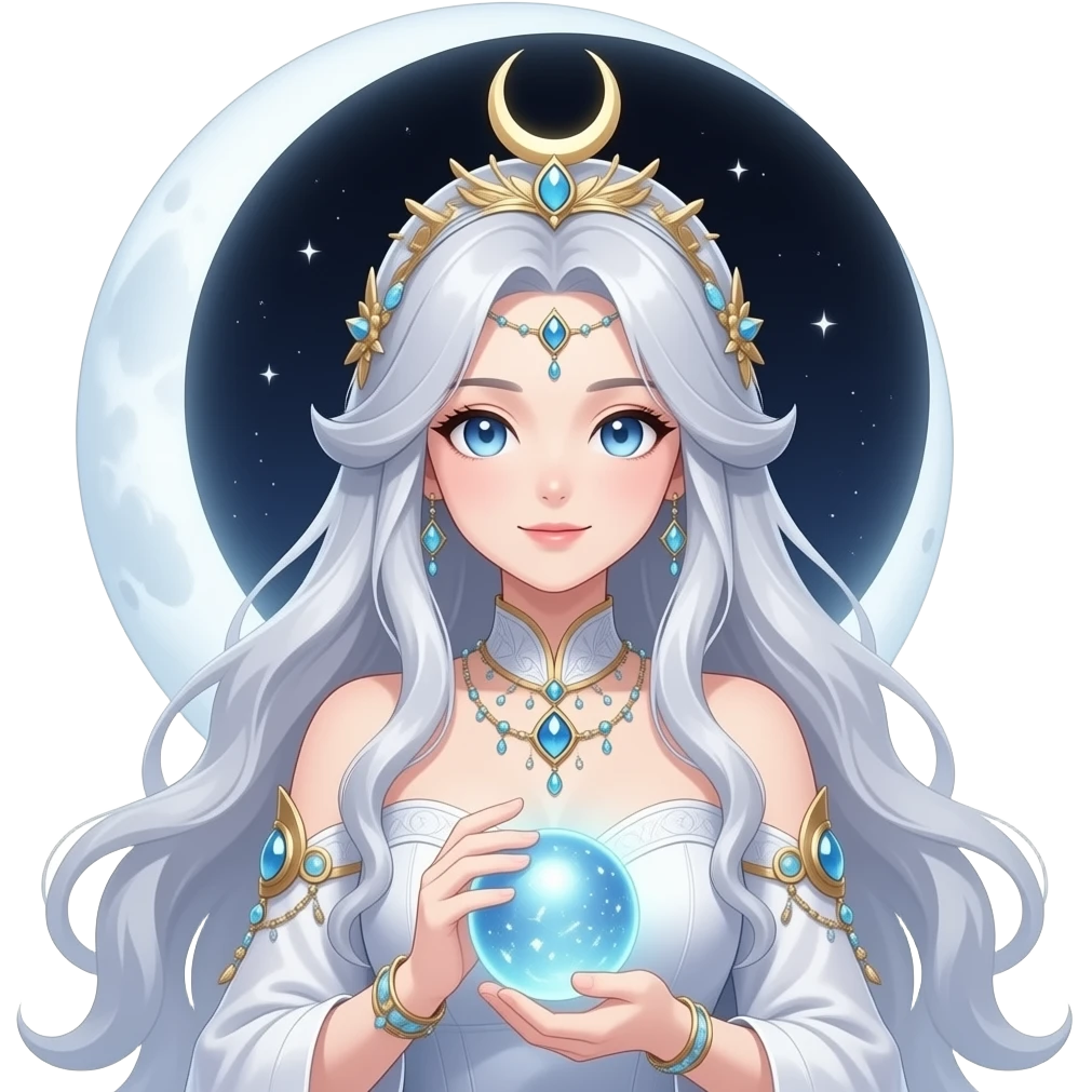 Pretty beautiful animesque style anime gorgeous aesthetic lady woman character with many details and accessories Moon goddess emoji