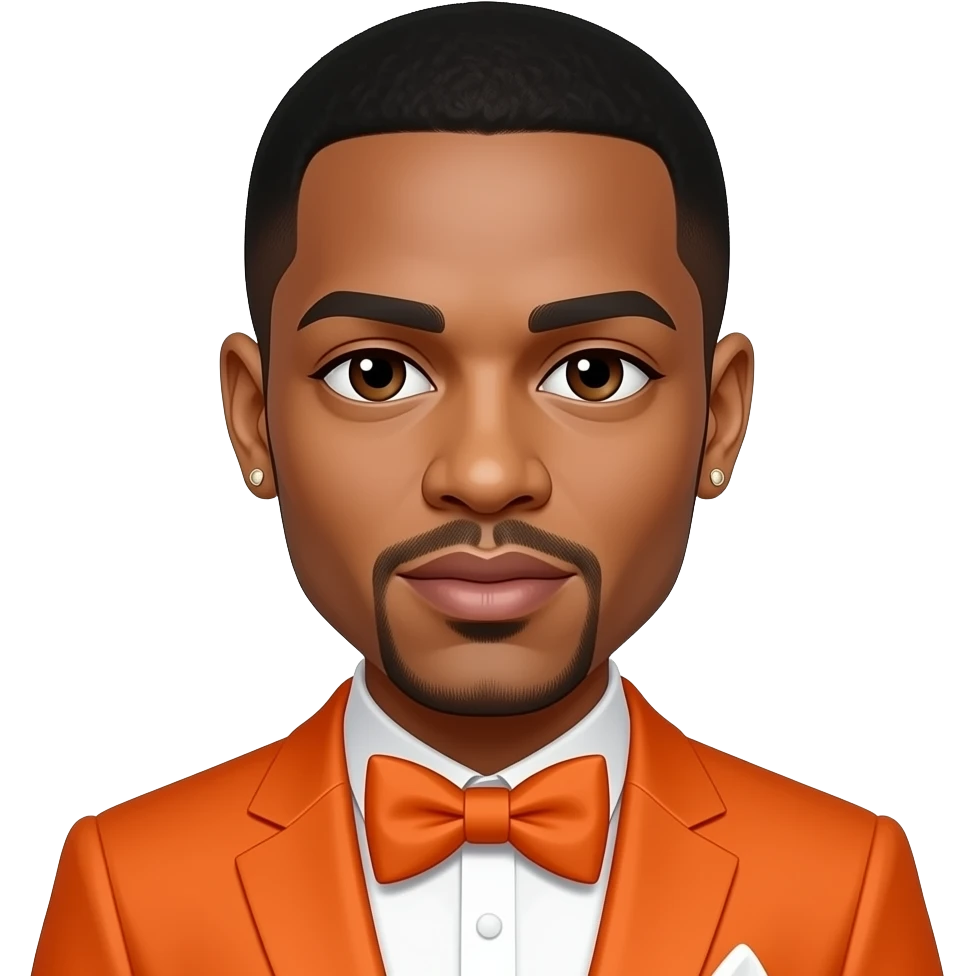 Trey Songz with dark brown eyes, black buzz cut hair, orange grammy suit with bow tie, earrings emoji