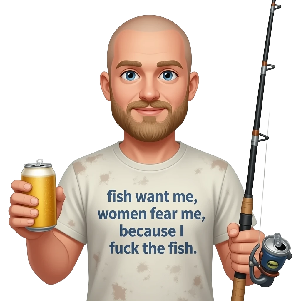 A 20 year old fisherman wearing a faded t shirt that says “fish want me, women fear me, because I fuck the fish.” He has a beer can in one hand and a fishing rod in the other hand. Make him bald with a medium size blonde beard emoji