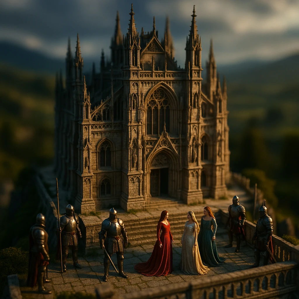 tilt-shift 3D model of a Gothic palace featuring knights and beautiful ladies, dramatic cinematic lighting, epic mood, blurred natural landscape as background emoji