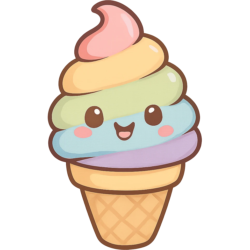 cute and exaggerated chibi sticker-style rainbow ice cream cone emoji