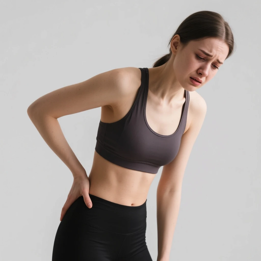 Donna in abbigliamento sportivo, che mostra dolore all'anca sinistra, con una mano sulla zona dell'anca e espressione sofferente, sfondo neutro emoji