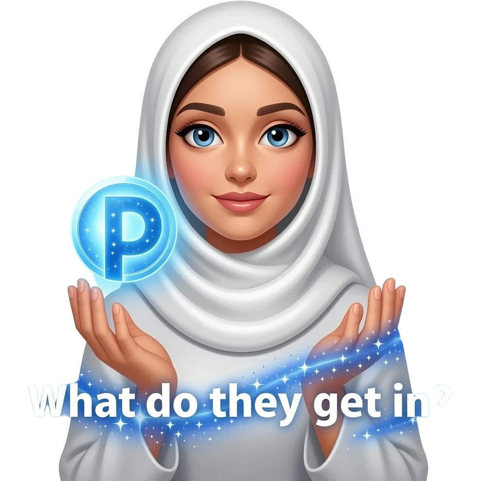 A beautiful woman in a pearl-white satin hijab, left around a glowing Patreon logo made of crystalline light. Swirling trails of celestial energy and stardust surround her hands. Vibe text: 'What do they get in?'. Isolated on white, soft pastel colors, 3D icon style, ultra-detailed emoji