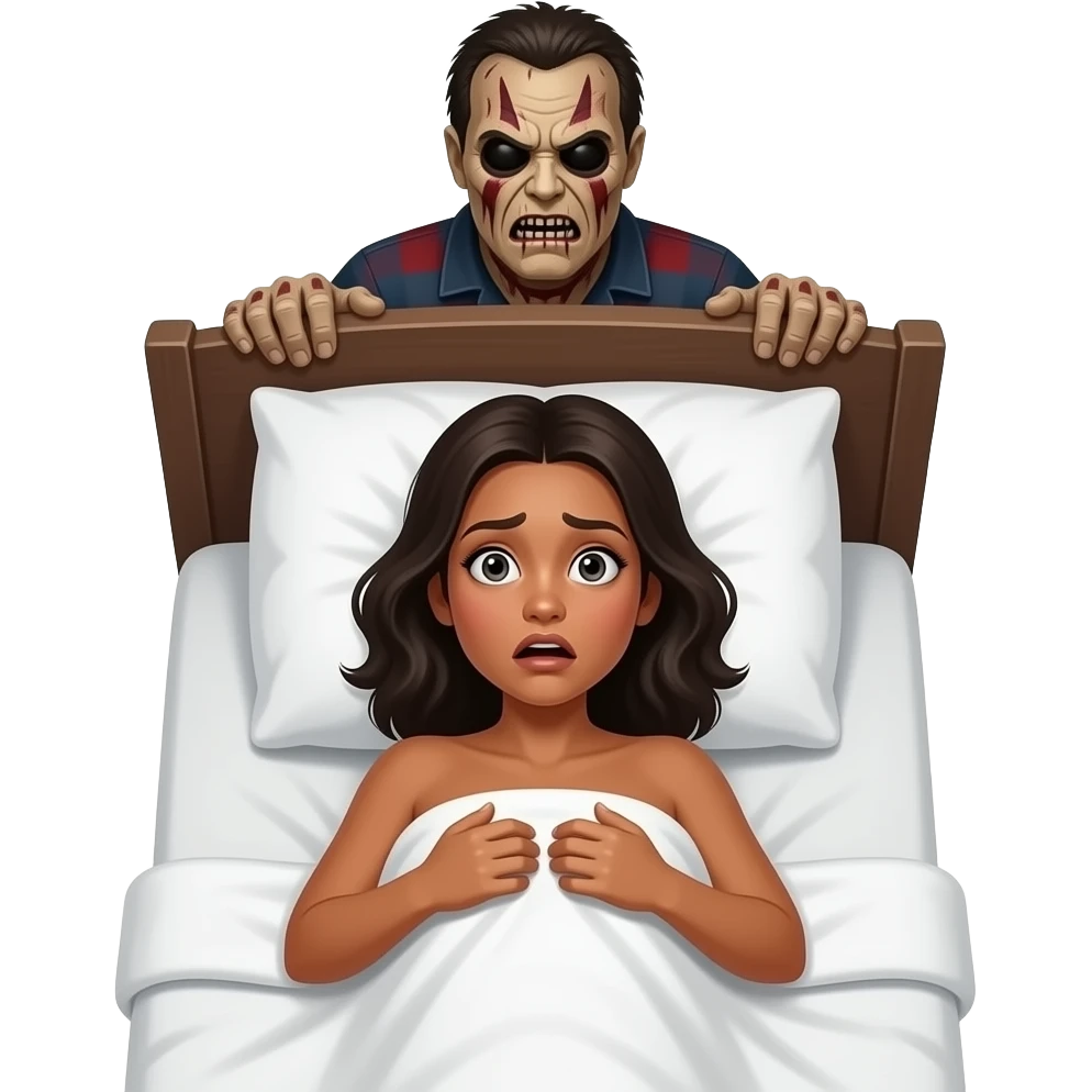 top view of a deeply tanned naked woman lying in bed clutching the bed sheets looking at the camera and is terrified by a dream of freddy krueger above her head emoji