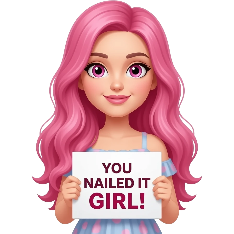 sexy girl with long pink hair and pink eyes wearing a dress holding a YOU NAILED IT GIRL! sign emoji