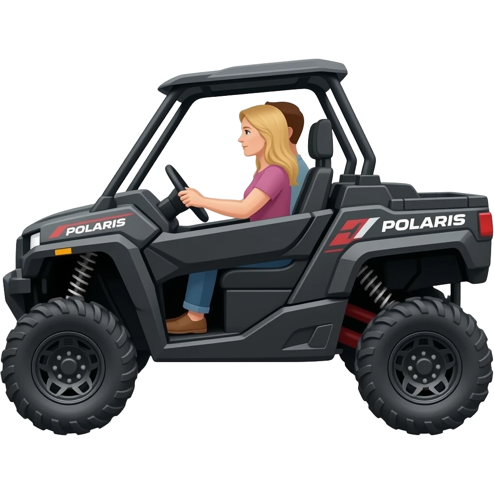 Black side view Polaris ranger sxs  lifted super high with mom (blonde) and driving  and dad inside emoji