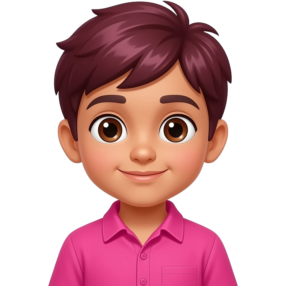 young boy with big eyes mehroon hairs wear vibrant pink clothes emoji