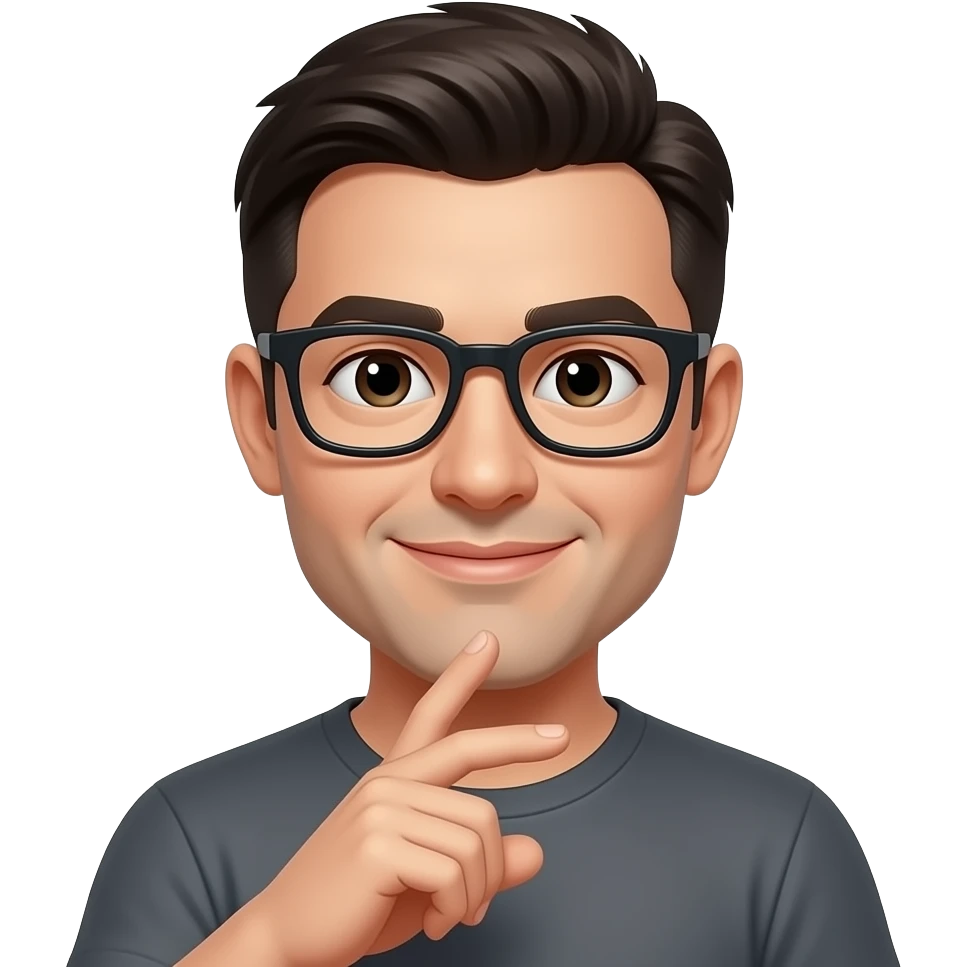 Man with dark hair and black glasses with is fingers touching each other. Gothic emoji