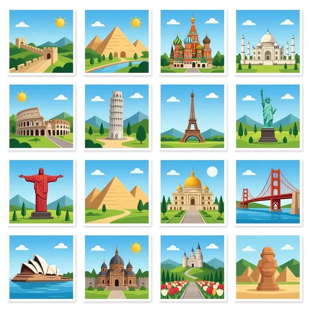 Pyramids, Great Wall, colosseum, Stonehenge, st. Basil’s cathedral, Taj Mahal, leaning tower of Pisa, Big Ben, Eiffel Tower, Statue of Liberty, Machu Picchu, cristo redentor, Hagia Sophia, Golden Gate Bridge, Sydney opera house, keukenhof park, Angkor wat, neusvhwanstein castle, and terracotta emoji